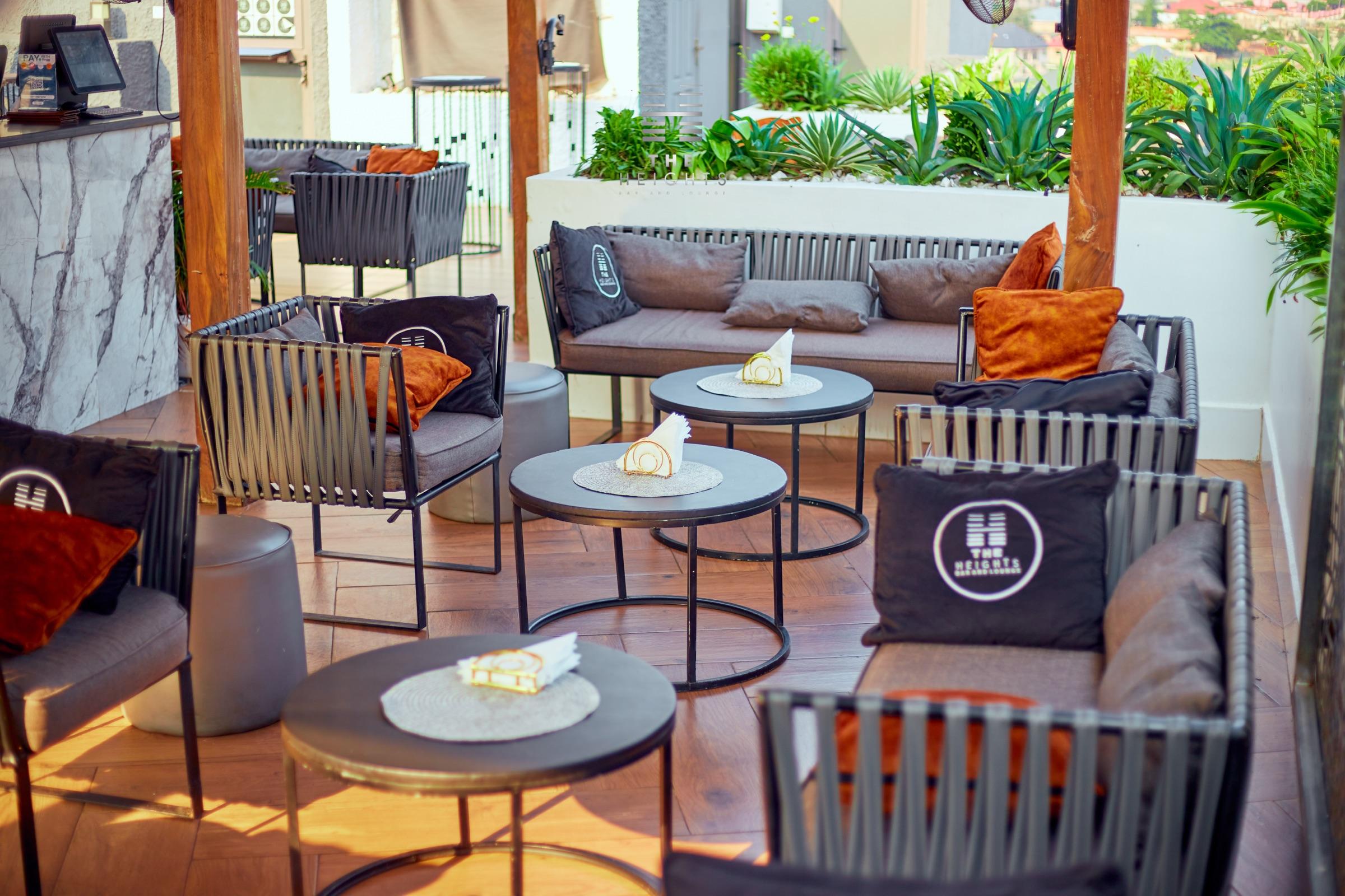 Open-air lounge seating on The Heights rooftop in Atasomanso, Kumasi